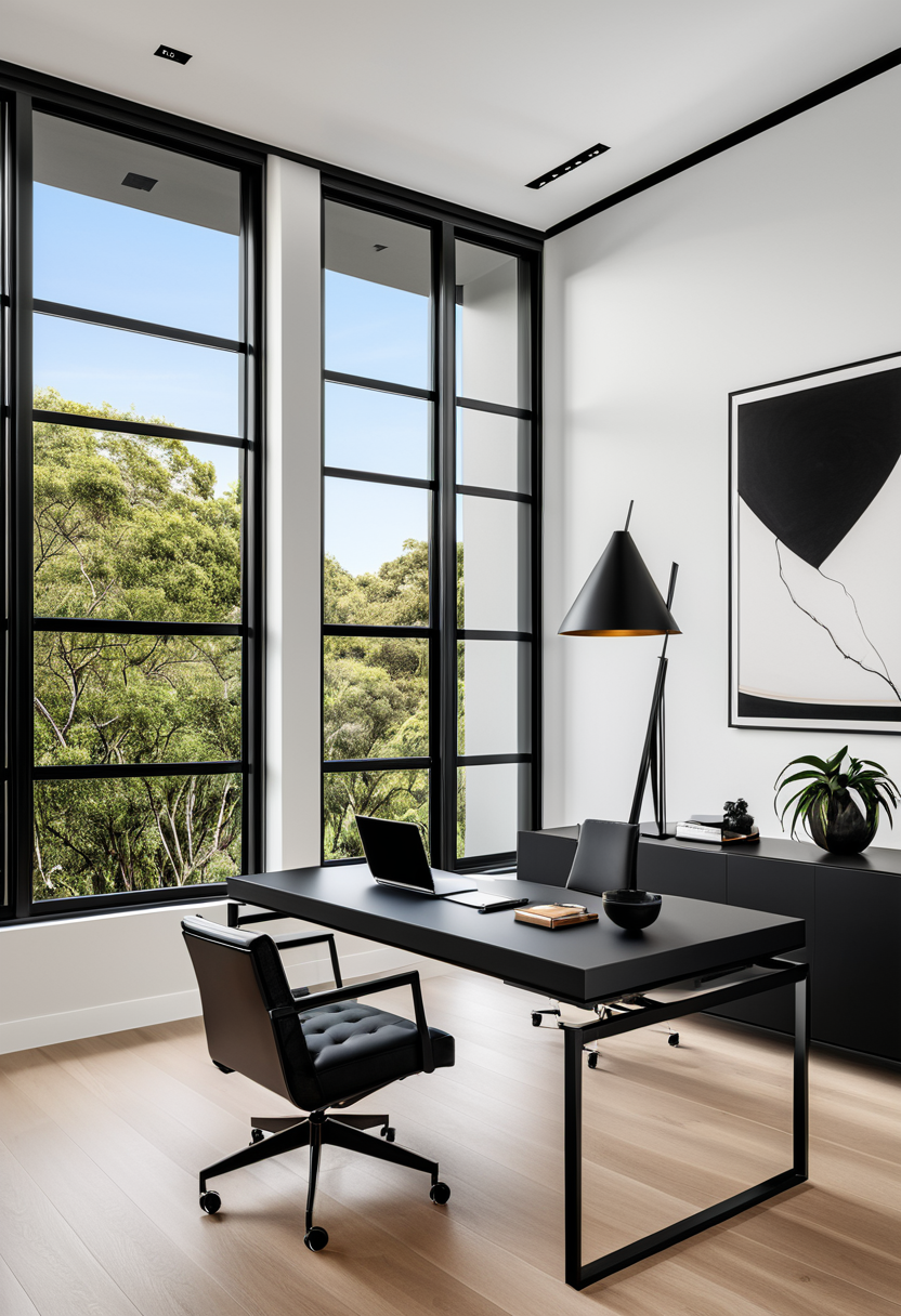Oficina minimalista con ventanas de marco negro