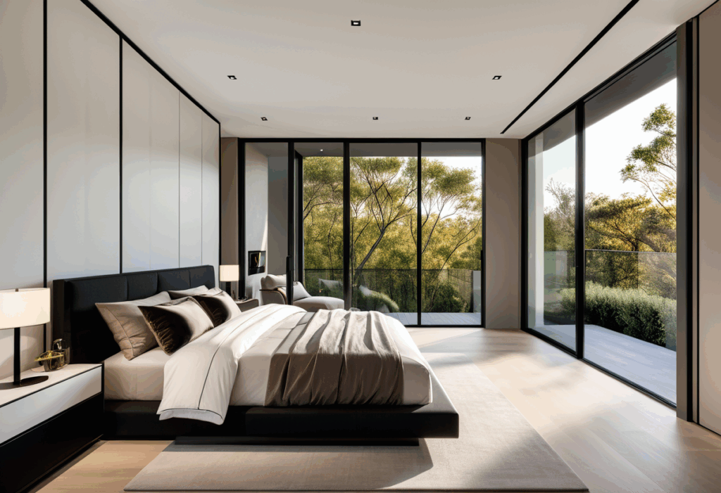 Dormitorio contemporáneo con pared de cristal
